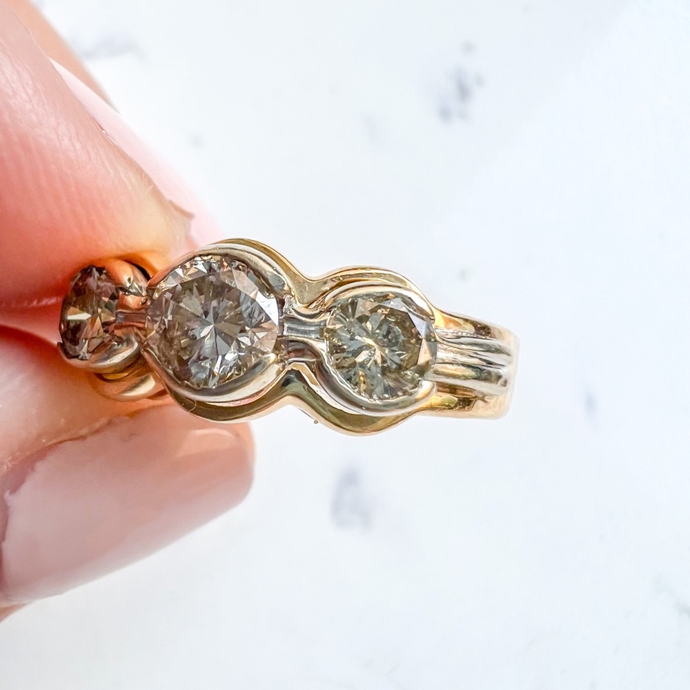 14K Yellow Gold Three Champagne Diamond Vintage Band Ring - Picture 11 of 12